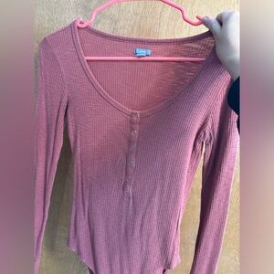 Women's Ribbed Henley Top - Brown